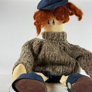 Vintage Handmade Boy Rag Doll With Knit Sweater Red Hair & Blue Cap